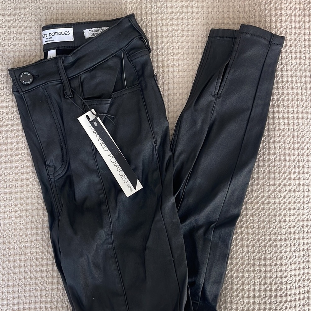 Boutique Leather Coated Slit Style Jeans Mashed Potatoes Denim NEW with tags - Picture 3 of 4